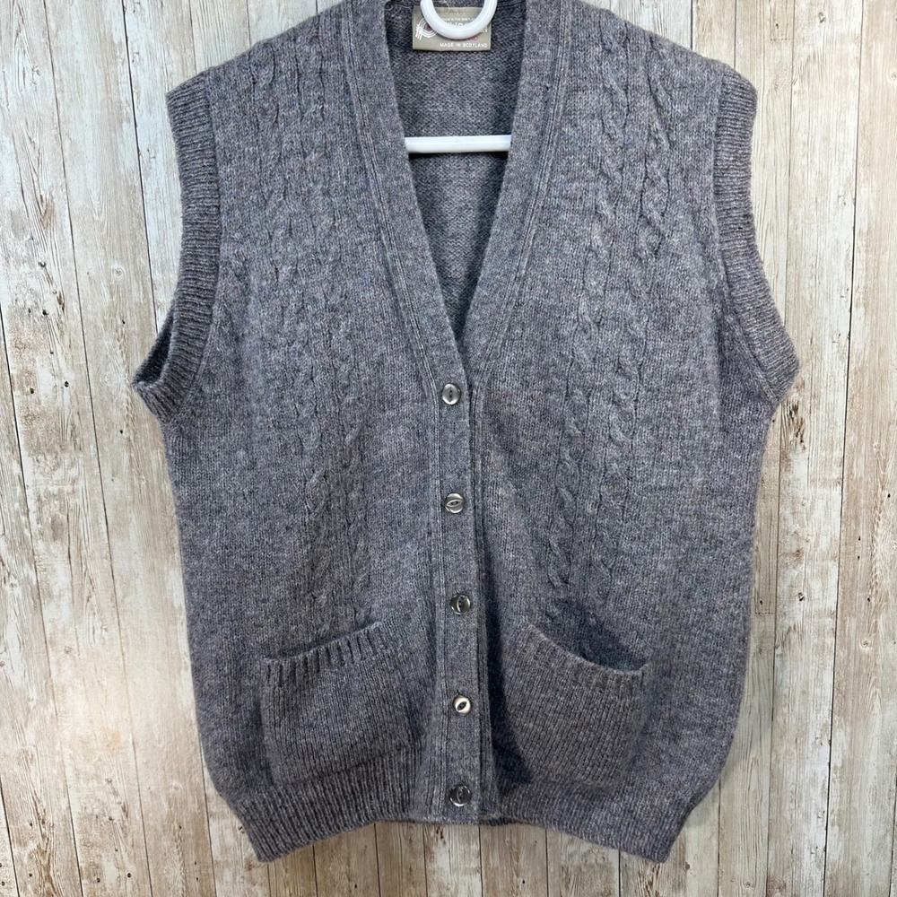 Pitlochry Vintage Womens Shetland Wool Vest Cable Knit Gray Blue Purple Sz L